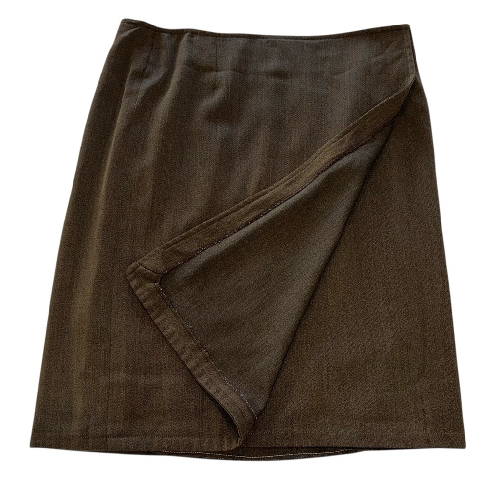 Mark Shale Skirt Super 120’s Wool Faux Wrap Khaki A-Line Made in Italy Sz 16/XL - Picture 4 of 8